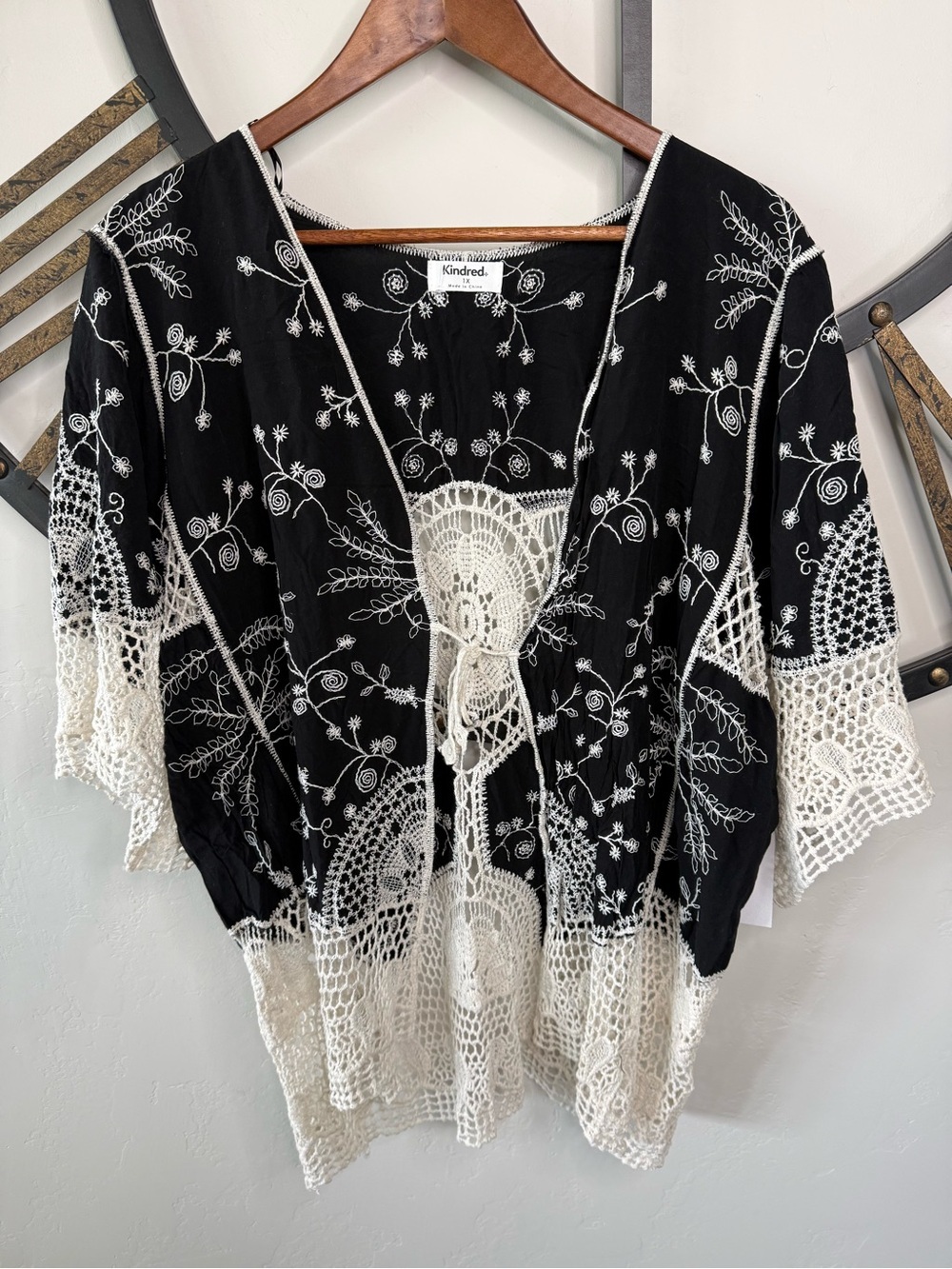 Kindred by Anthropologie Black Tunic with Cream Crochet Trim & Embroidery NWT